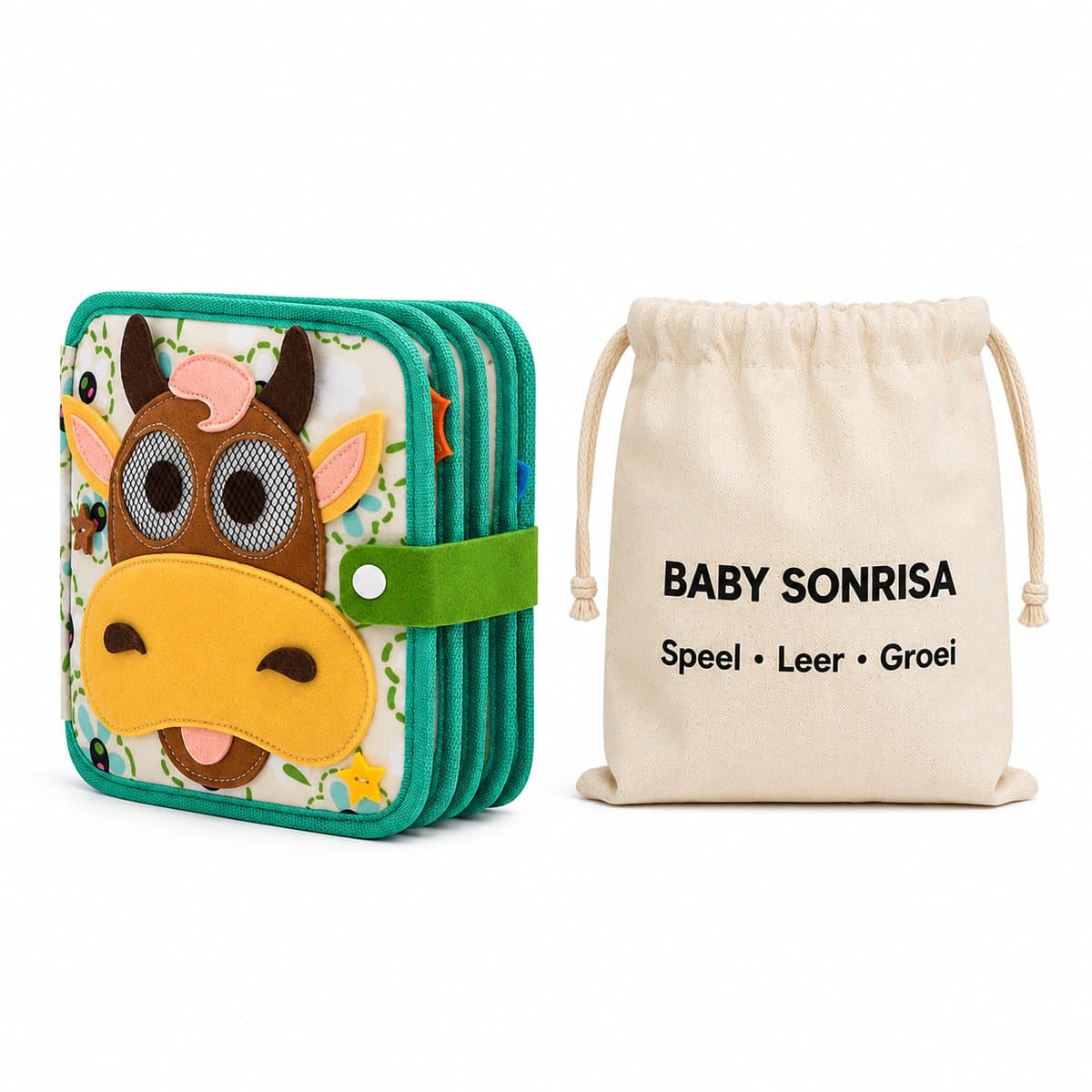 Baby Sonrisa Montessori Voelboek Koe voor Peuters – Educatief Speelgoed – Activiteitenboek Kinderen – Sensorisch Speelgoed – Inclusief Baby Sonrisa Tas – 18+ Maanden